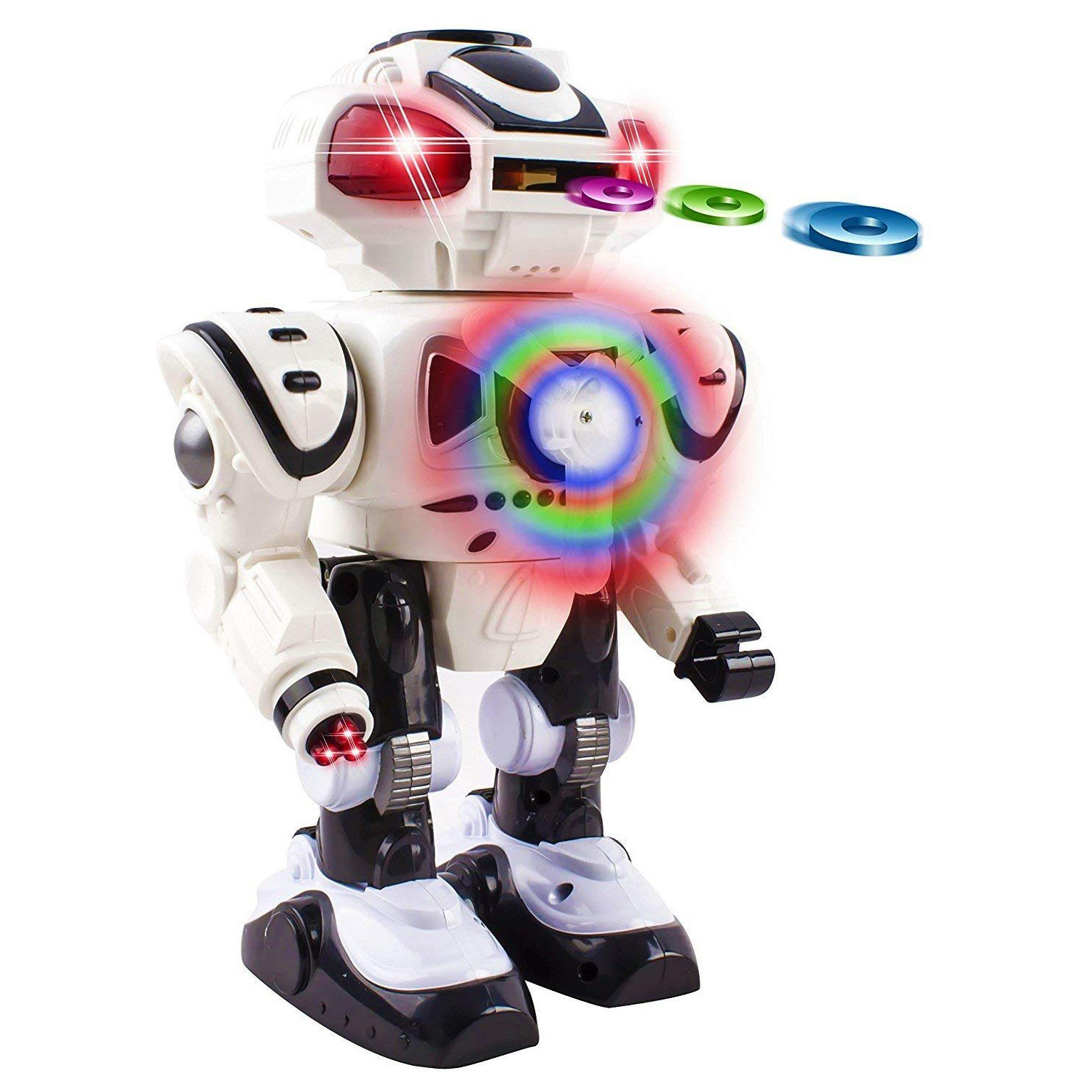 Super Android Toy Robot With Disc Shooting Walking Flashing Lights And Sound Features Great Action Toy For Kids Boys Girls Toddlers Battery Operated White