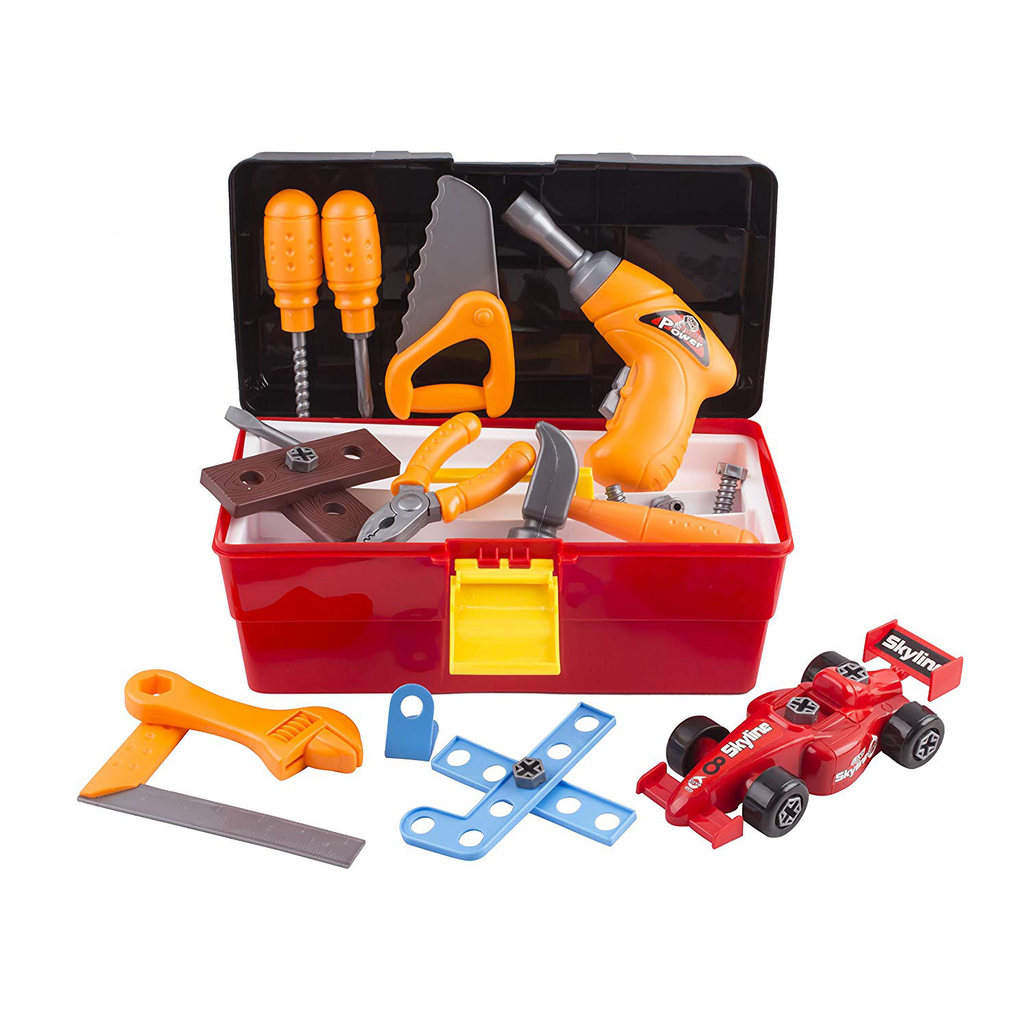 44 Piece Toy Tool Set With Construction Kit Accessories Portable Realistic Tools Box Including Electric Drill Hammer Wrench Screwdriver F1 Car Perfect For Boys Children’s Educational STEM Pretend Play 661-318