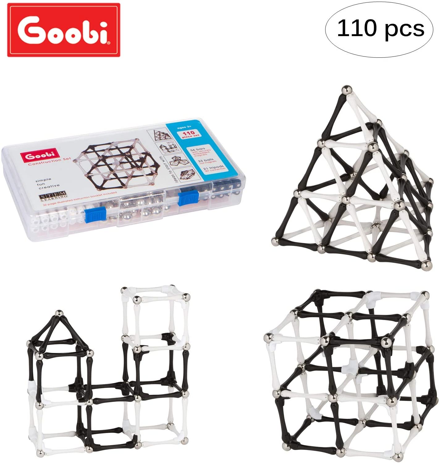 Goobi 110 Piece Construction Set Building Toy Active Play Sticks STEM Learning Creativity Imagination Children&amp;amp;amp;amp;rsquo;s 3D Puzzle Educational Brain Toys for Kids Boys and Girls with Instruction Booklet