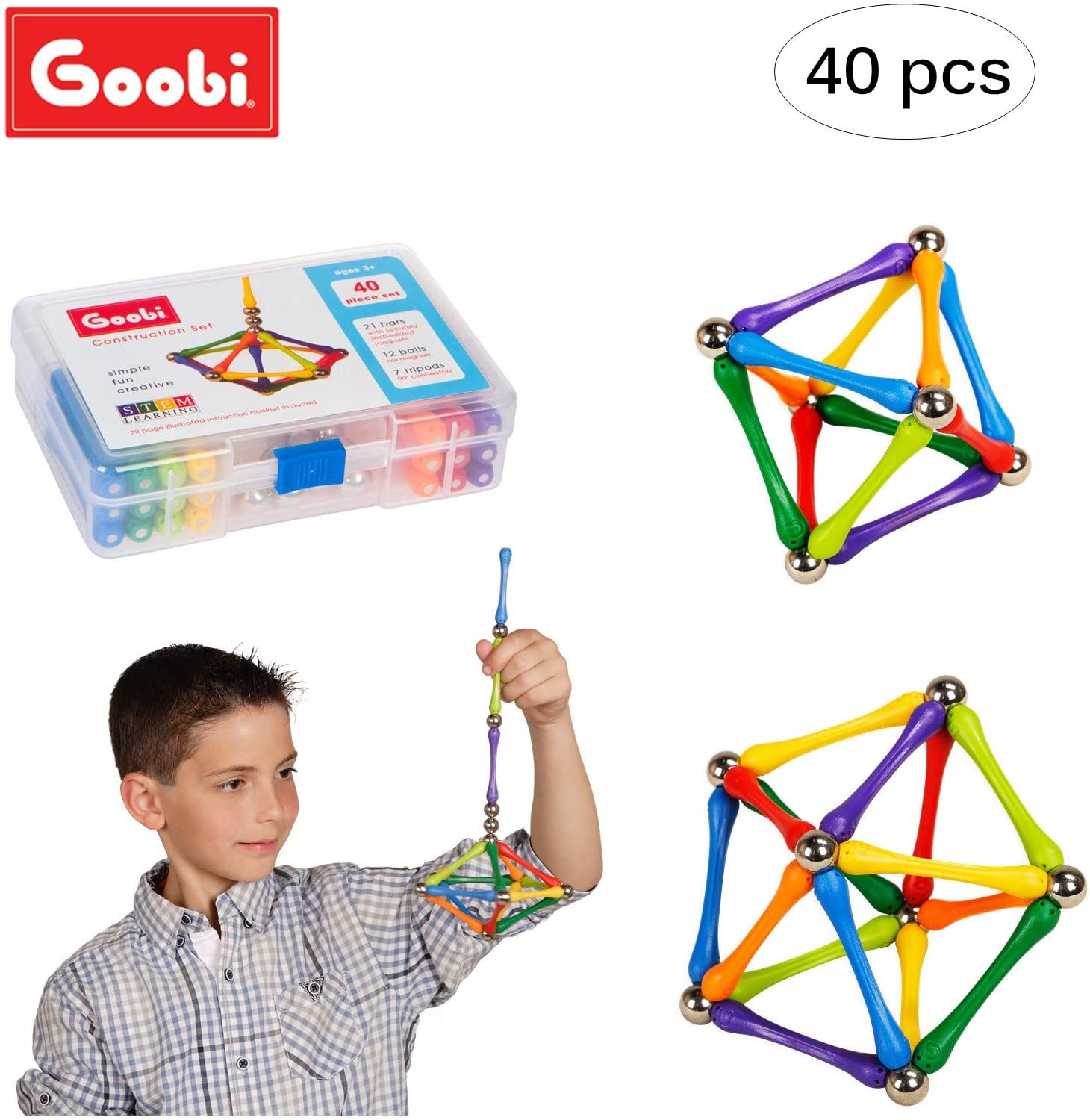 Goobi 40 Piece Construction Set Building Toy Active Play Sticks STEM Learning Creativity Imagination Children’s 3D Puzzle Educational Brain Toys for Kids Boys and Girls with Instruction Booklet