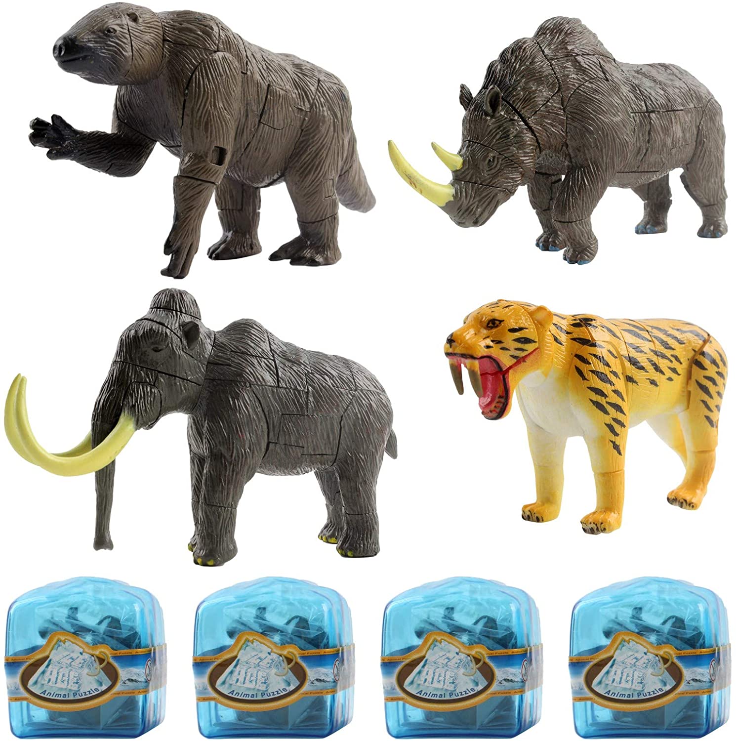 Prehistoric Set With 4 Ice Age Animals In Glacier Cubes Kids Archaeology 3D Puzzle Take Apart Discover Fossils Science STEM Educational Dig Up Easter Egg Party Toy Great Gift For Boys And Girls