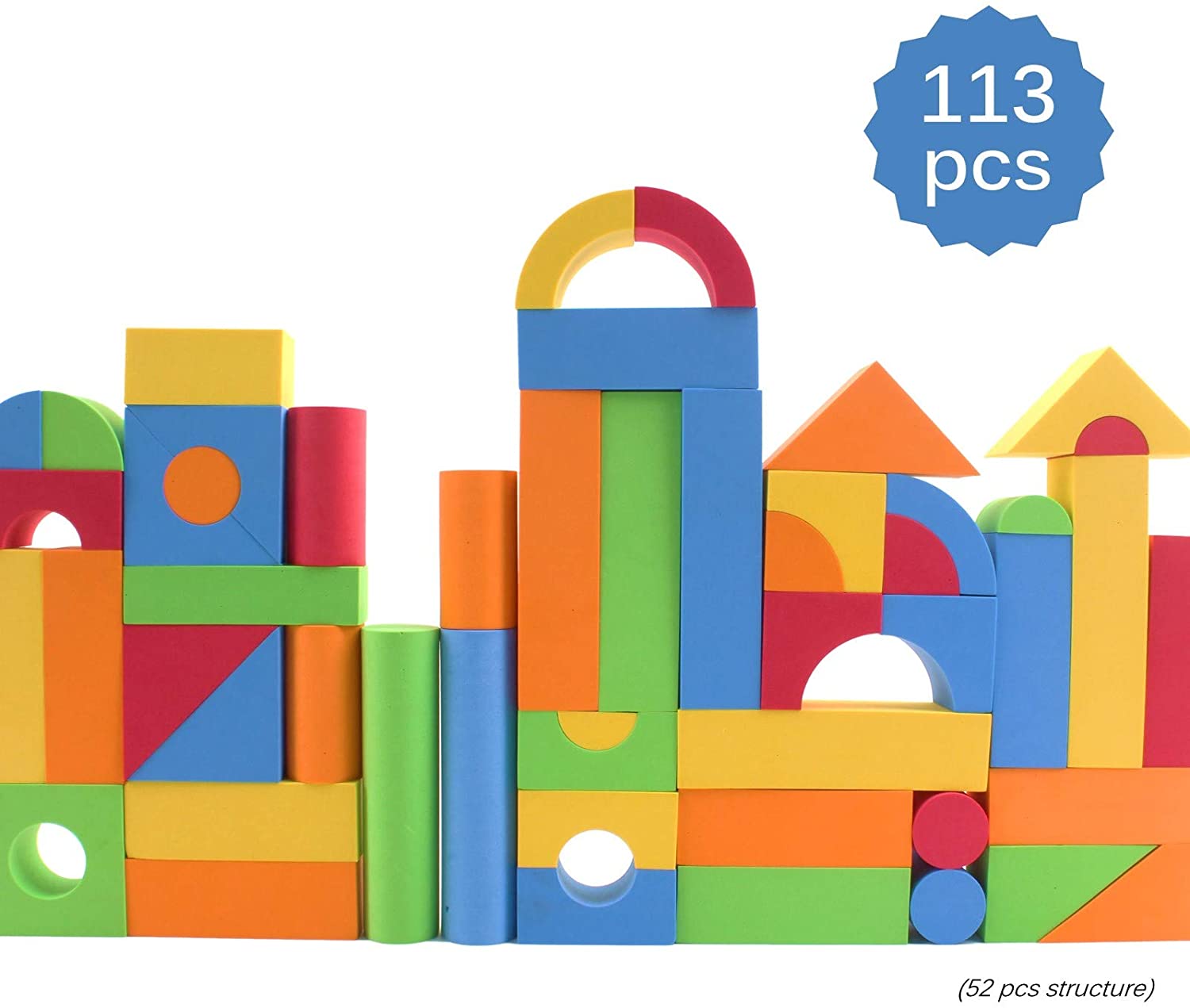 113 Piece Large Foam Building Blocks with Different Shapes and Sizes Bright Colors Quality Educational Kids Creative Construction Toys for Children Girls Boys Toddlers Waterproof