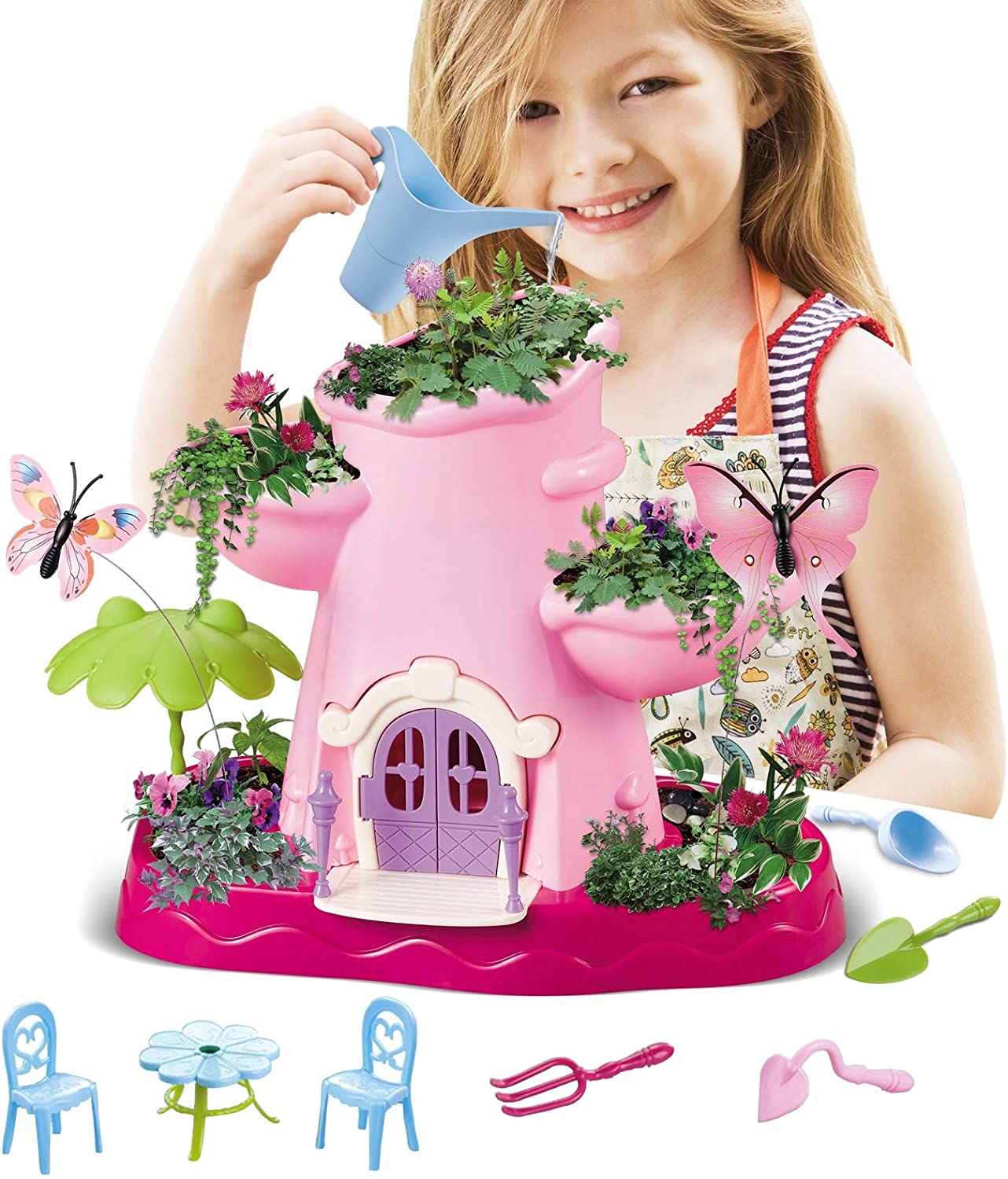 Kids Magical Garden Growing Kit Includes Tools Seeds Soil Flower Plant Tree Interactive Play Fairy Toys Inspires Horticulture Learning Great Gift for Children Girls Pink