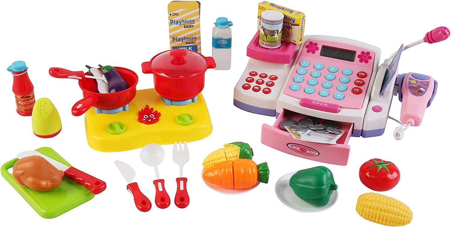 Toy Cash Register (PINK) with Microphone Calculator Grocery Items Shopping Basket Scanner and Pretend Play Money Kids Supermarket Cashier Bank for Preschool Children Boys Girls Toddlers