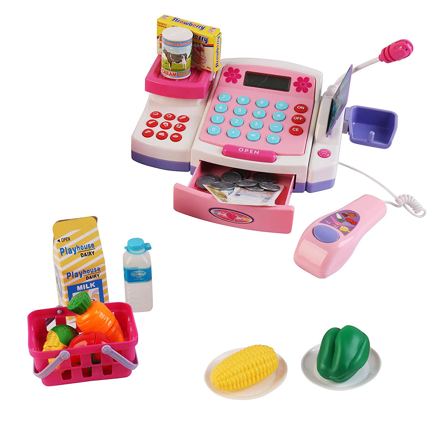 Toy Cash Register with Microphone Calculator Grocery Items Shopping Basket Scanner and Pretend Play Money Kids Supermarket Cashier Bank for Preschool Children Boys Girls Toddlers TB-71