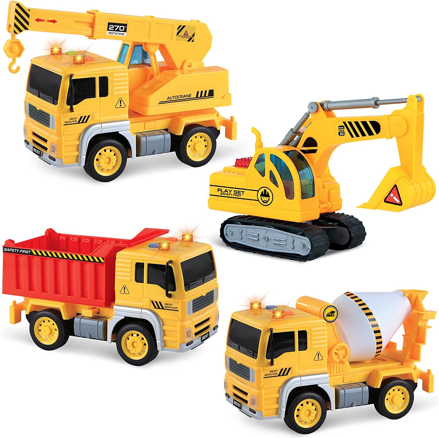 Vokodo 4 Pack Construction Squad Vehicle Bundle Toy Playsets, Friction Power Vehicles with Light and Sound, Includes Crane, Dump Truck, Excavator Car, Cement Mixer, Pretend Play Toys Toddler Kids Boys
