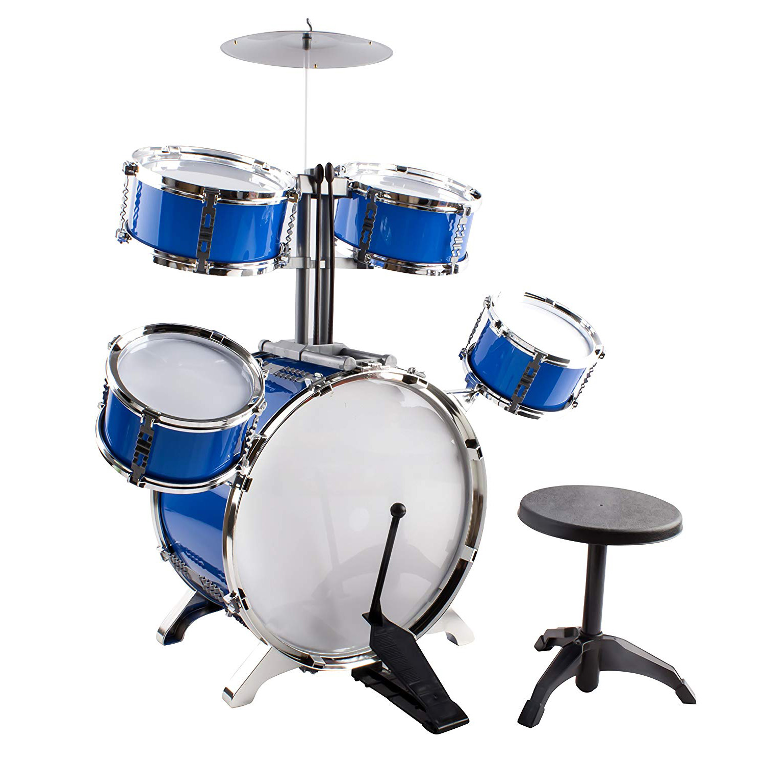 Classic Rhythm Toy Jazz Drum Big XXXL Size Children Kid's Musical Instrument Playset With 5 Drums, Cymbal, Chair, Kick Pedal, And Drumsticks A Perfect Beginner Set For Kids (Blue)