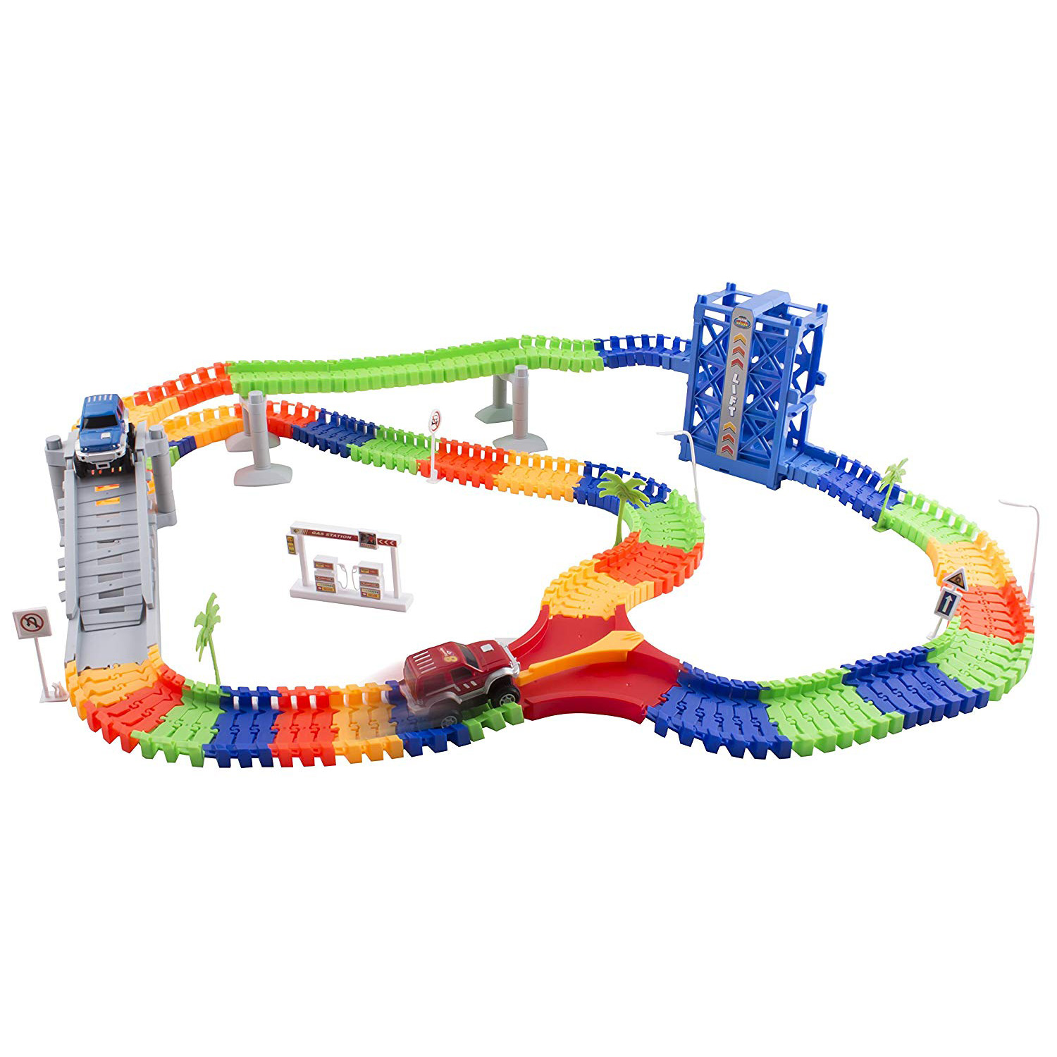 Race Car Track Set Toy Educational Twisted Flexible Building Tracks 240 Pieces Racetrack 2 Cars with Lifter Bridge Trees Gas Station for Children Ages 3 4 5 6 Year old Kids Toys Unisex Boys And Girls 1109