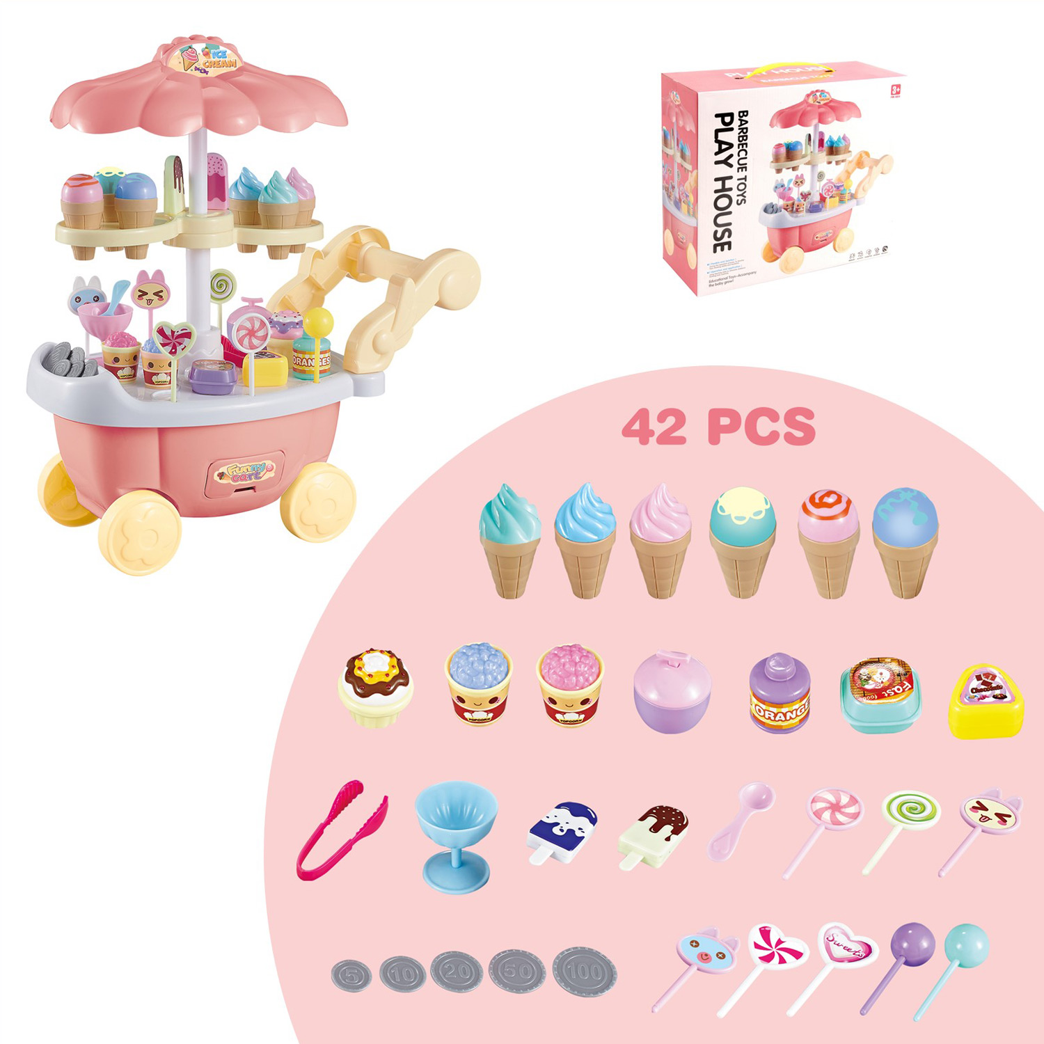 Ice Cream Cart 39 Pieces Dessert Candy Trolley Kitchen Toy Set With Lights Music Includes Umbrella Food Accessories 3 feet tall Childrens Pretend Play Truck Playset Appliance Set Pieces Perfect For Early Learning Educational Girls Cooking