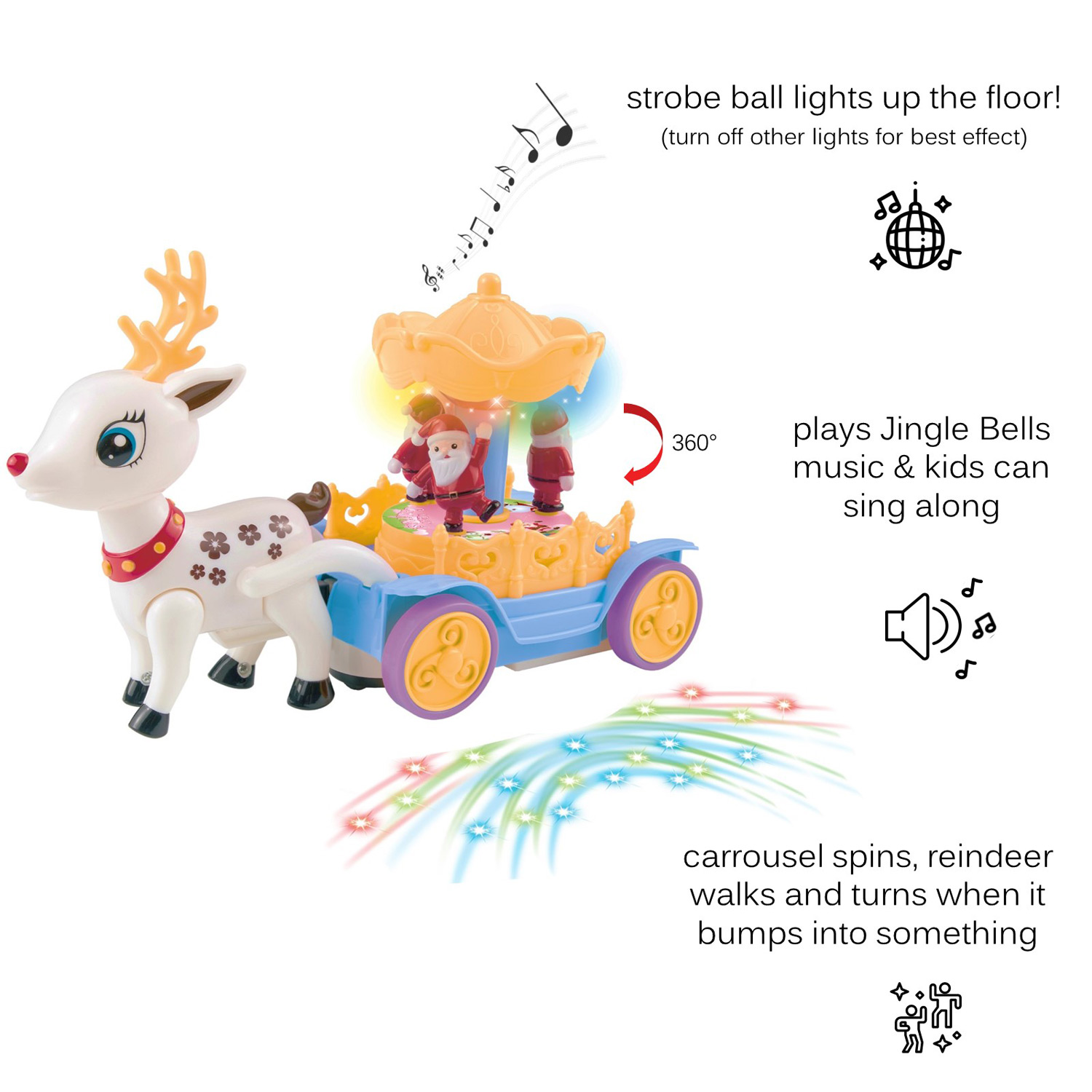 Beautiful Musical Walking Reindeer With Rotating Santa Claus Carousel Music Box Self Riding Deer Animal Lights And Sounds Bump And Go Action Great Toy Gift For Kids Little Boys Girls Children TD-40