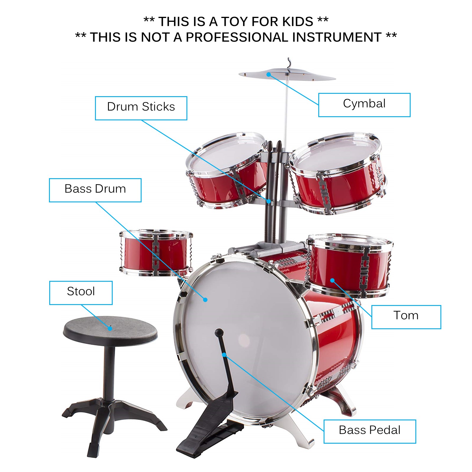 Classic Rhythm Toy Jazz Drum Big XXXL Size Children Kid's Musical Instrument Playset With 5 Drums, Cymbal, Chair, Kick Pedal, And Drumsticks A Perfect Beginner Set For Kids (Blue) 661-900