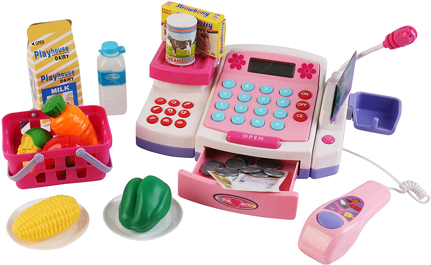 Microphone Shopping Basket Kids Electronic Cash Register Toy Till Working Scan 
