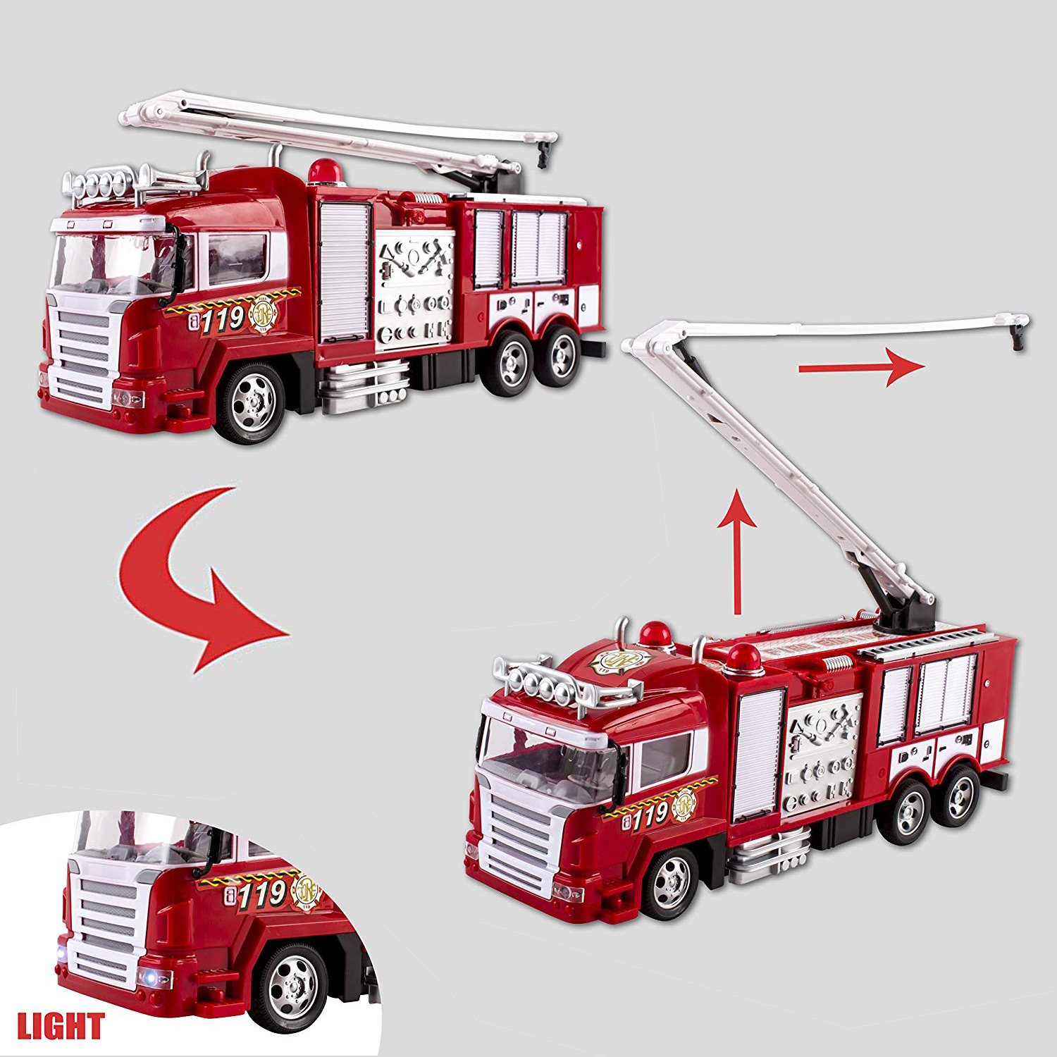 Fire Engine Rescue Truck w/ Flashing Lights Siren Drives Ladder Adjust 10" L New 