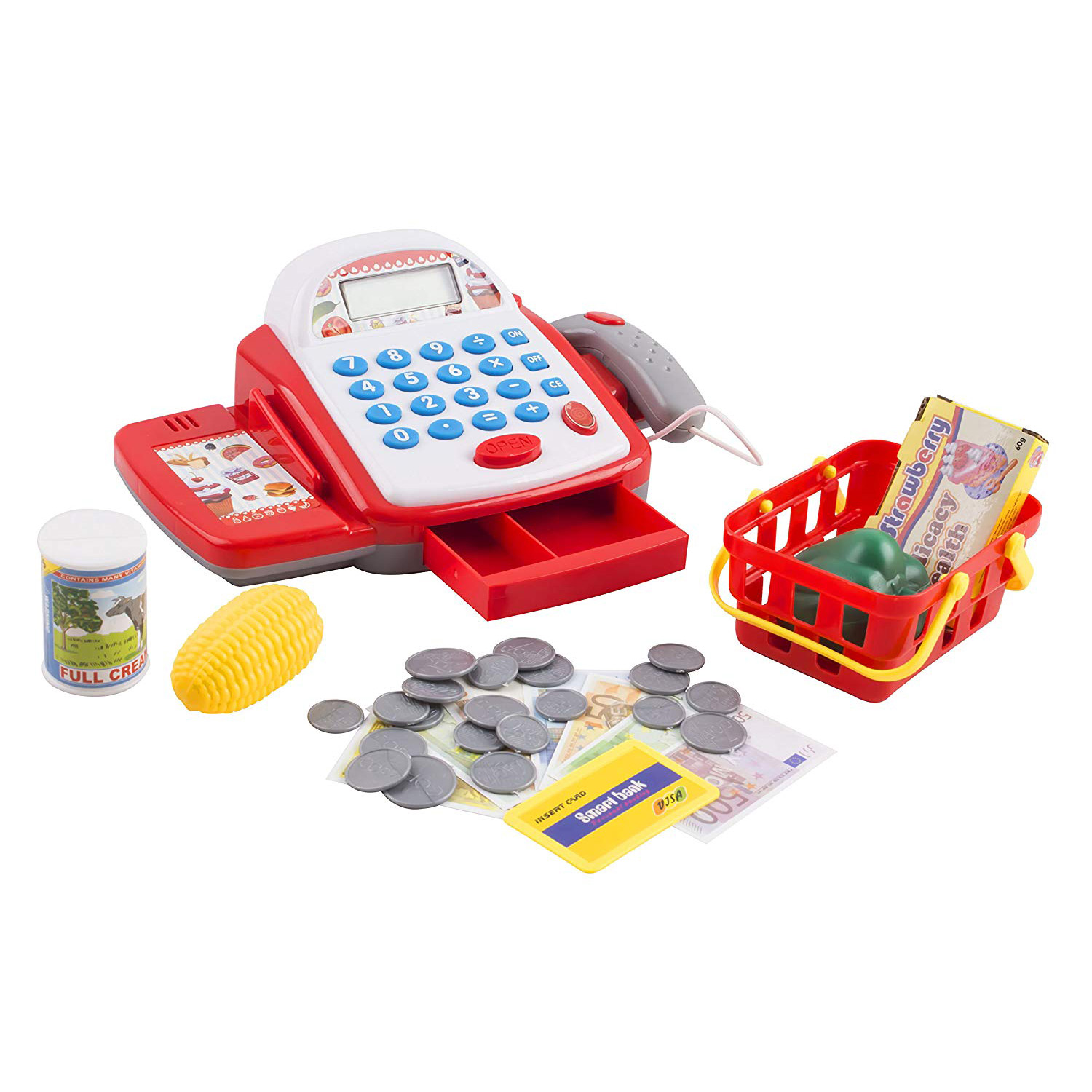 Grocery Store & Trolley w/ Working Scanner O.B Toys&Gift Deluxe Supermarket Toy Play Set for Kids Cash Register & Shopping Cart Kids Pretend Play Grocery 