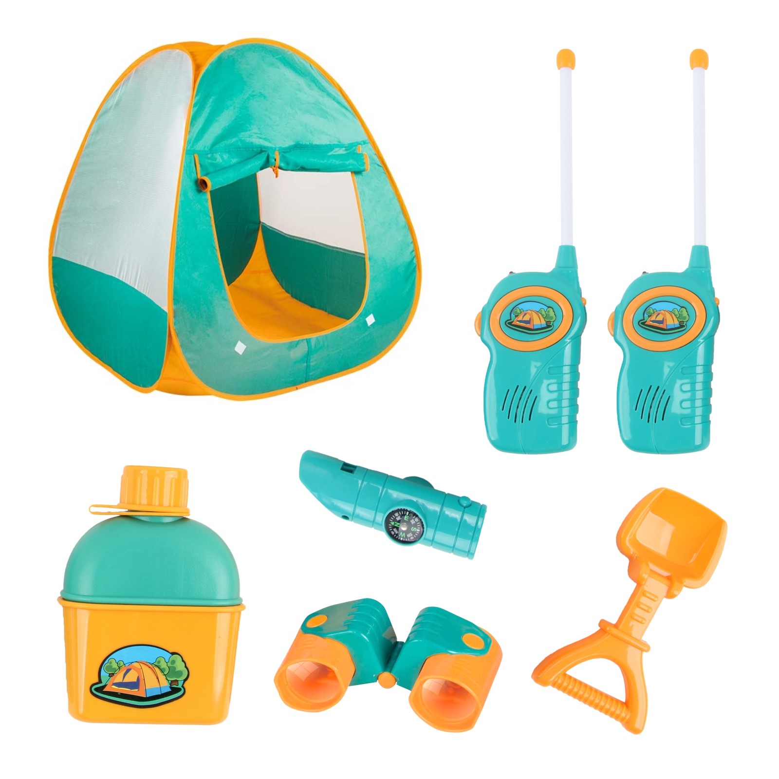 12 Piece Kids Tent Camping Set With Big Tent 2 Walkie Talkies Water Bottle Shovel Multifunctional Whistle Compass Flashlight And Thermometer Playhouse Toy House Children Boys Girls Boosts Imagination And Creativity Indoor Outdoor Use Educational