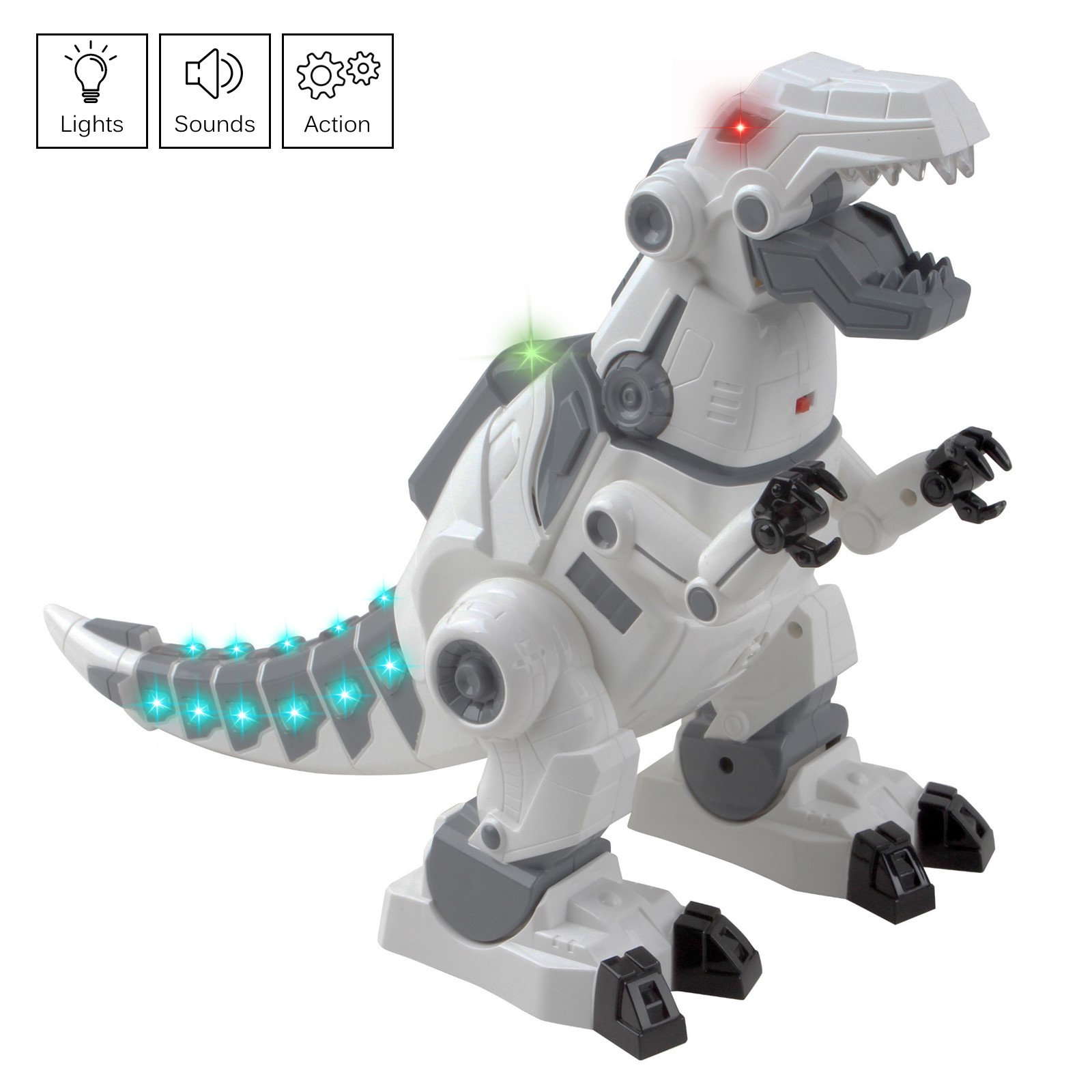 Tyrannosaurus rex Walking Robot Dinosaur With Flashing Lights And Sounds Interactive Kids Toy Smart Robotic T-Rex Pet Easy To Use Function Perfect Action For Boys Girls Toddlers Battery Operated White
