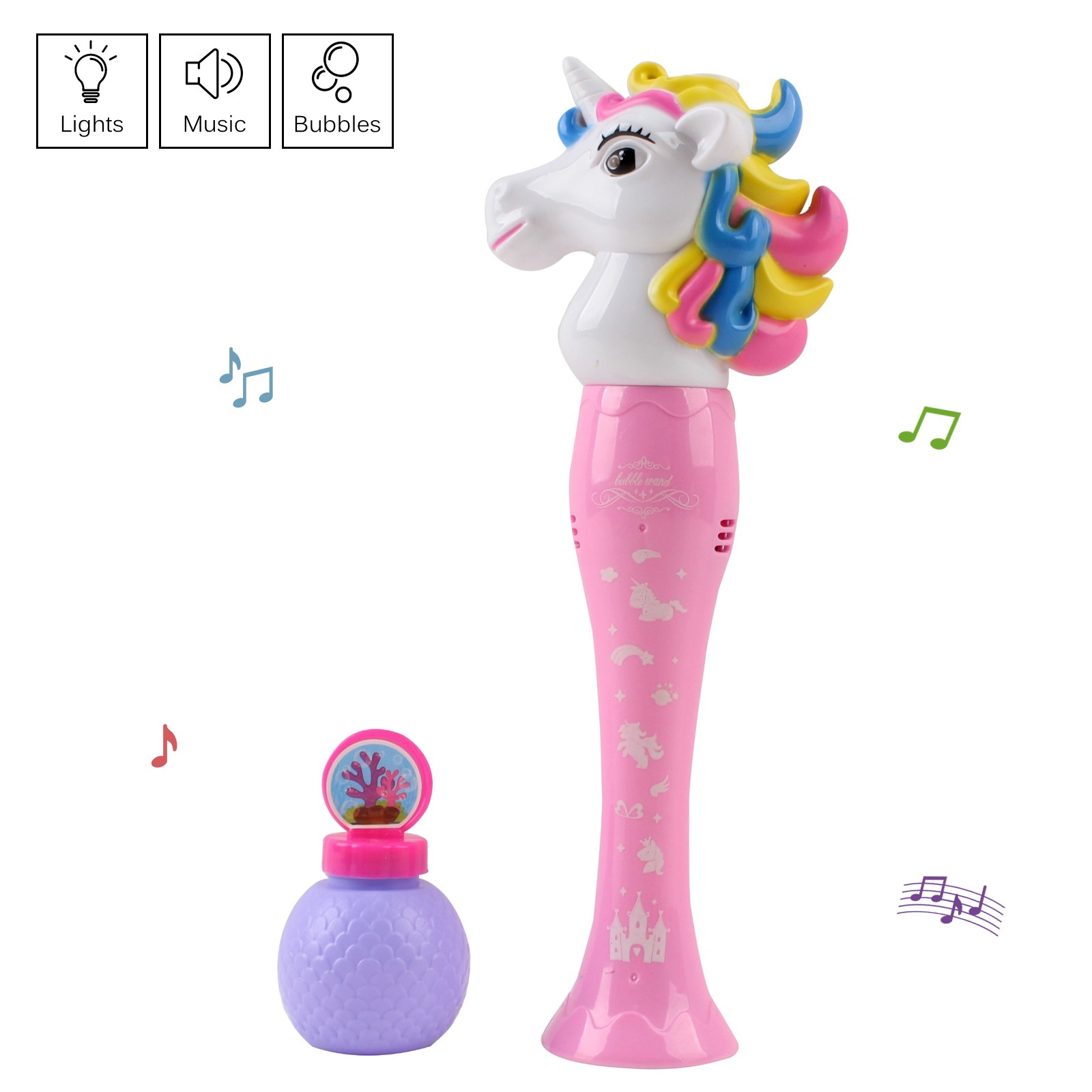 Unicorn Bubble Blower Machine Wand Automatically Shoots Over 500 Bubbles Per Minute With Light And Music Animal Design Includes 2 Fluid Solutions Simple And Easy to Use Gun Toy For Boys Girls Toddlers Battery Operated