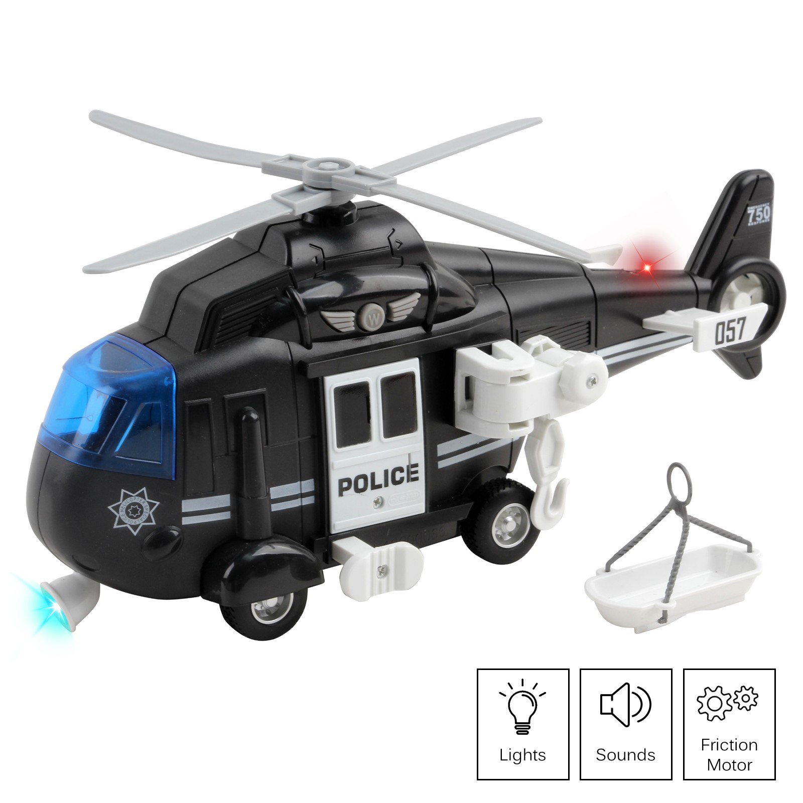 Vokodo Police Helicopter 11 With Lights Sounds Push And Go Includes Rescue Basket Durable 1:16 Scale Friction Kids SWAT Chopper Pretend Play Cop Airplane Toy Great Gift For Children Boy Girl Toddlers