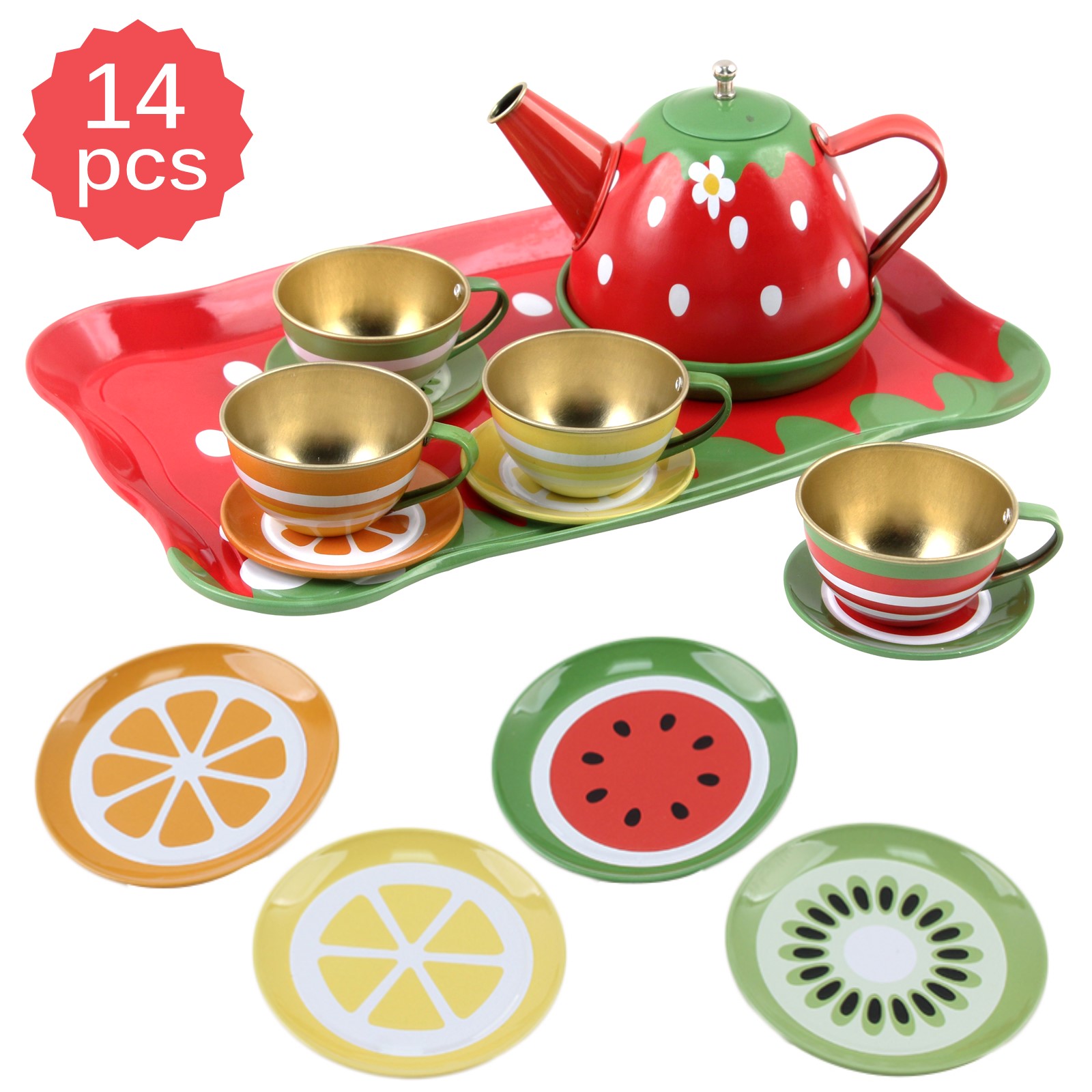 Vokodo Kids Fruit Themed Pretend Play Tea Set 14 Piece Durably Built From Food-Safe Material BPA-Free Kitchen Playset Perfect Early Learning Preschool Toy Great Gift For Children Girls Boys Toddlers