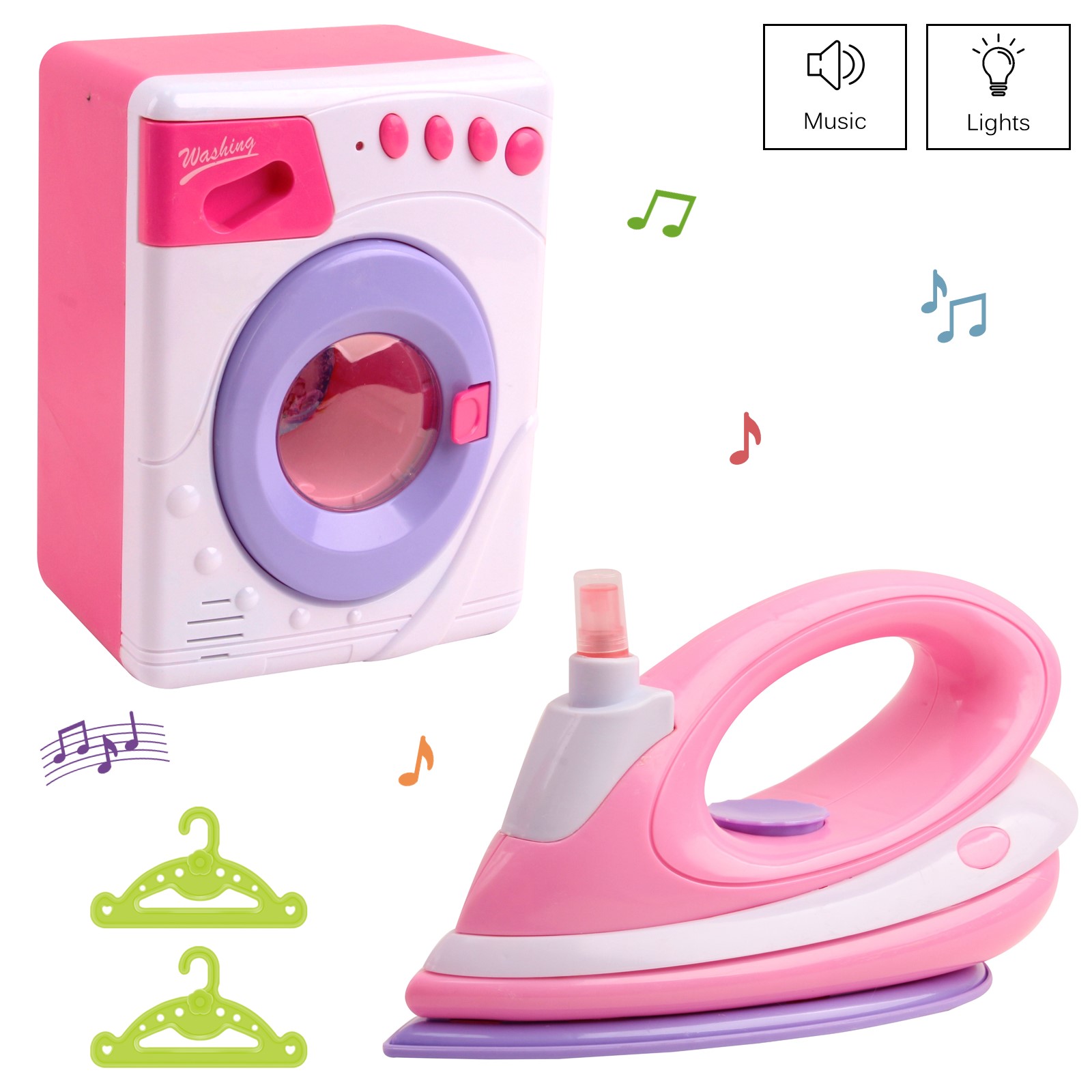 Vokodo Washer And Flatiron Playset With Lights And Music Includes Two Hangers Functional Iron Spray Pretend Play Washing Machine Early Learning Kids Preschool Toy Great Gift For Children Girls Toddler