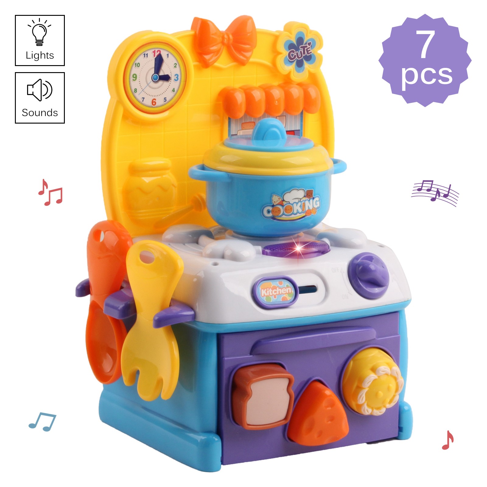 Vokodo Kids Kitchen Playset Compact Size With Light And Music Includes Oven Stove Pot And Food Pieces Pretend Play Chef Early Learning Preschool Cooking Toy Great Gift For Children Boys Girls Toddlers