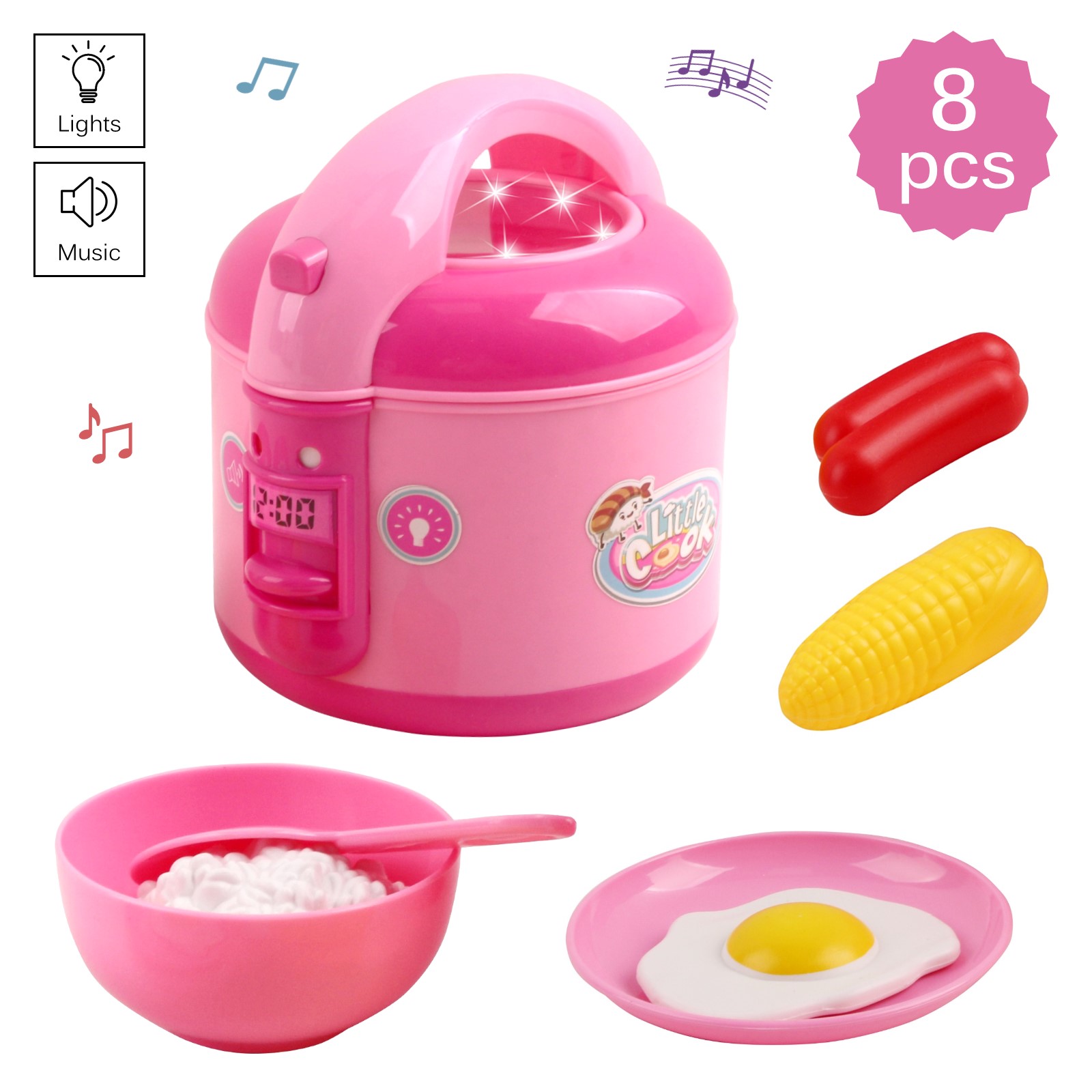 Vokodo Kids Rice Cooker Compact Size Kitchen Playset With Food Pieces Pretend Play Chef Appliances Early Learning Preschool Cooking Toy Battery Operated Great Gift For Children Boys Girls Toddlers