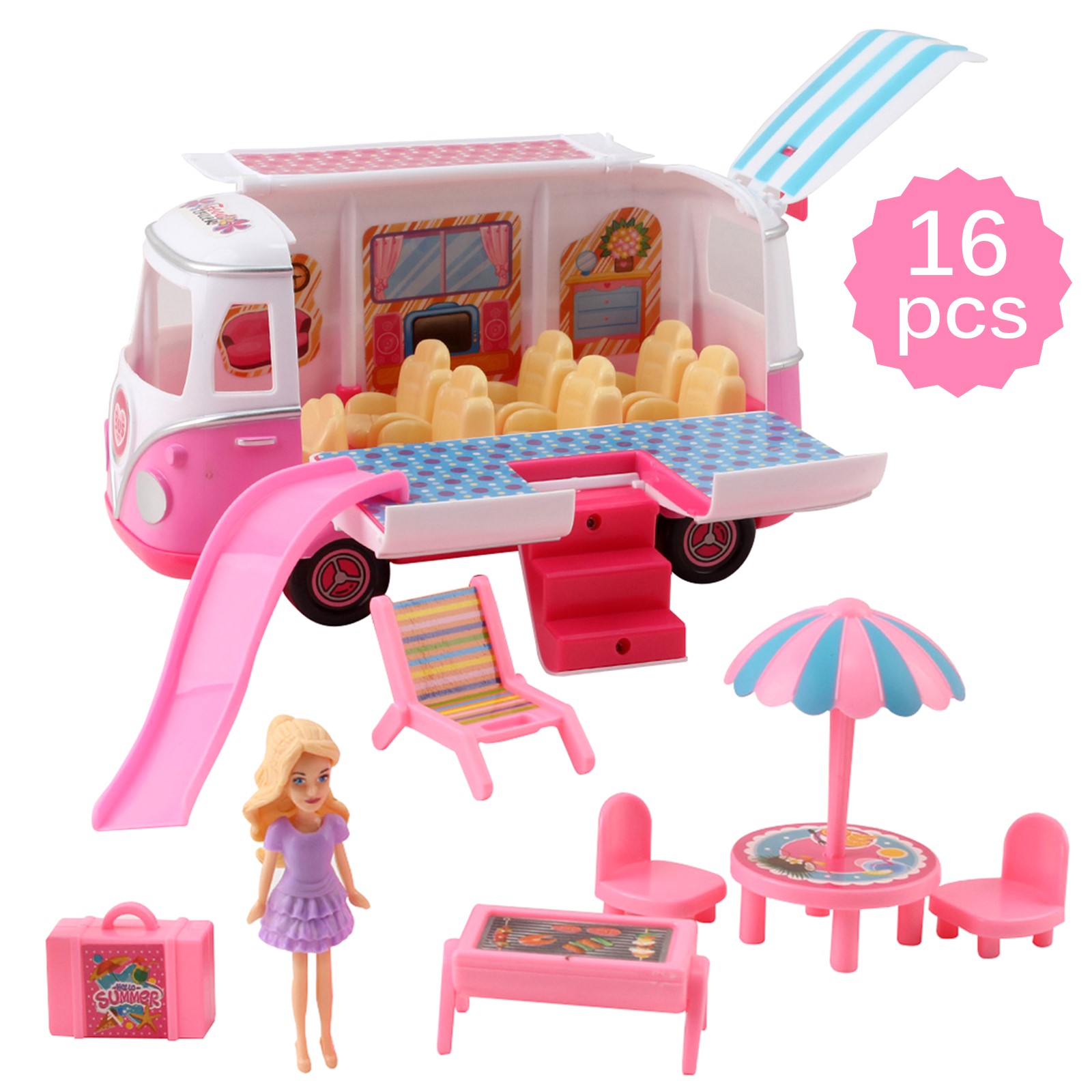 Vokodo Picnic Adventure Van With Doll Figurine Includes Slide Patio Furniture And Wardrobe Kids Pretend Play Party Bus Cooking Truck Kitchen Vogue Toy Fashion Car Vehicle Great Gift For Girls Children