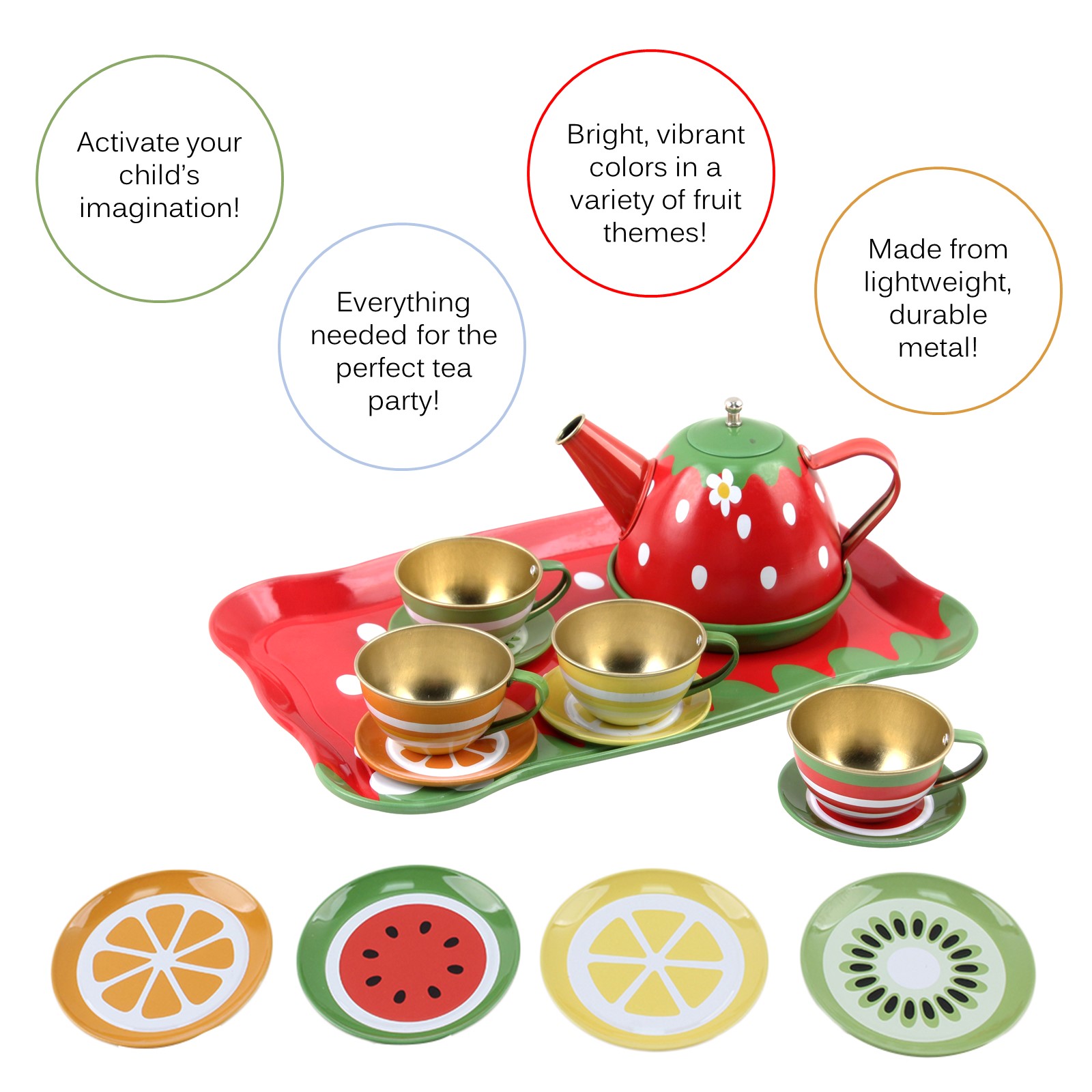 Vokodo Kids Fruit Themed Pretend Play Tea Set 14 Piece Durably Built From Food-Safe Material BPA-Free Kitchen Playset Perfect Early Learning Preschool Toy Great Gift For Children Girls Boys Toddlers TK-15