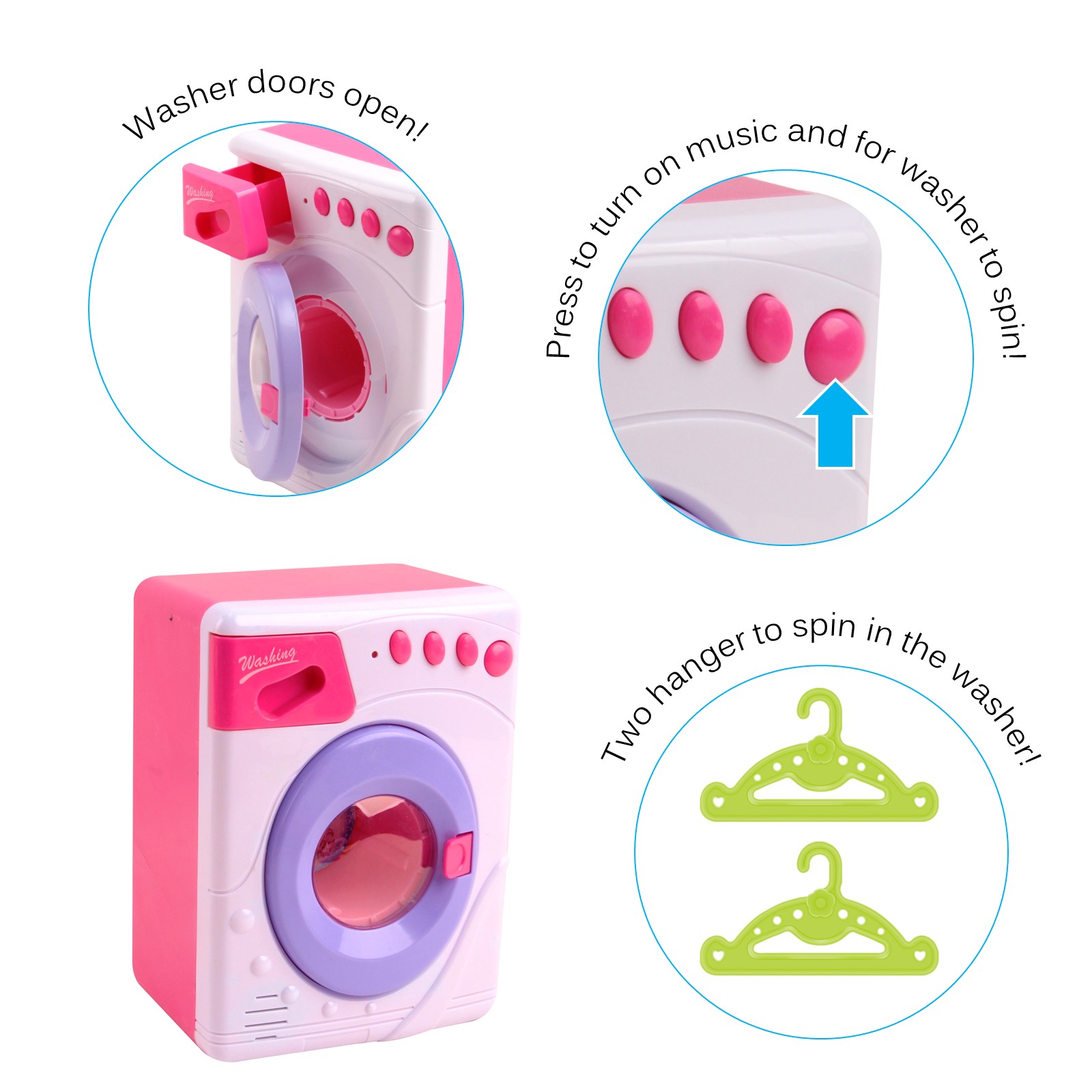 Vokodo Washer And Flatiron Playset With Lights And Music Includes Two Hangers Functional Iron Spray Pretend Play Washing Machine Early Learning Kids Preschool Toy Great Gift For Children Girls Toddler TK-20