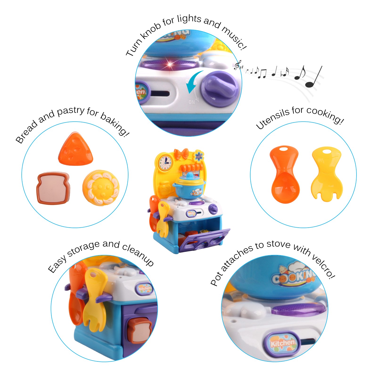 Vokodo Kids Kitchen Playset Compact Size With Light And Music Includes Oven Stove Pot And Food Pieces Pretend Play Chef Early Learning Preschool Cooking Toy Great Gift For Children Boys Girls Toddlers TK-25