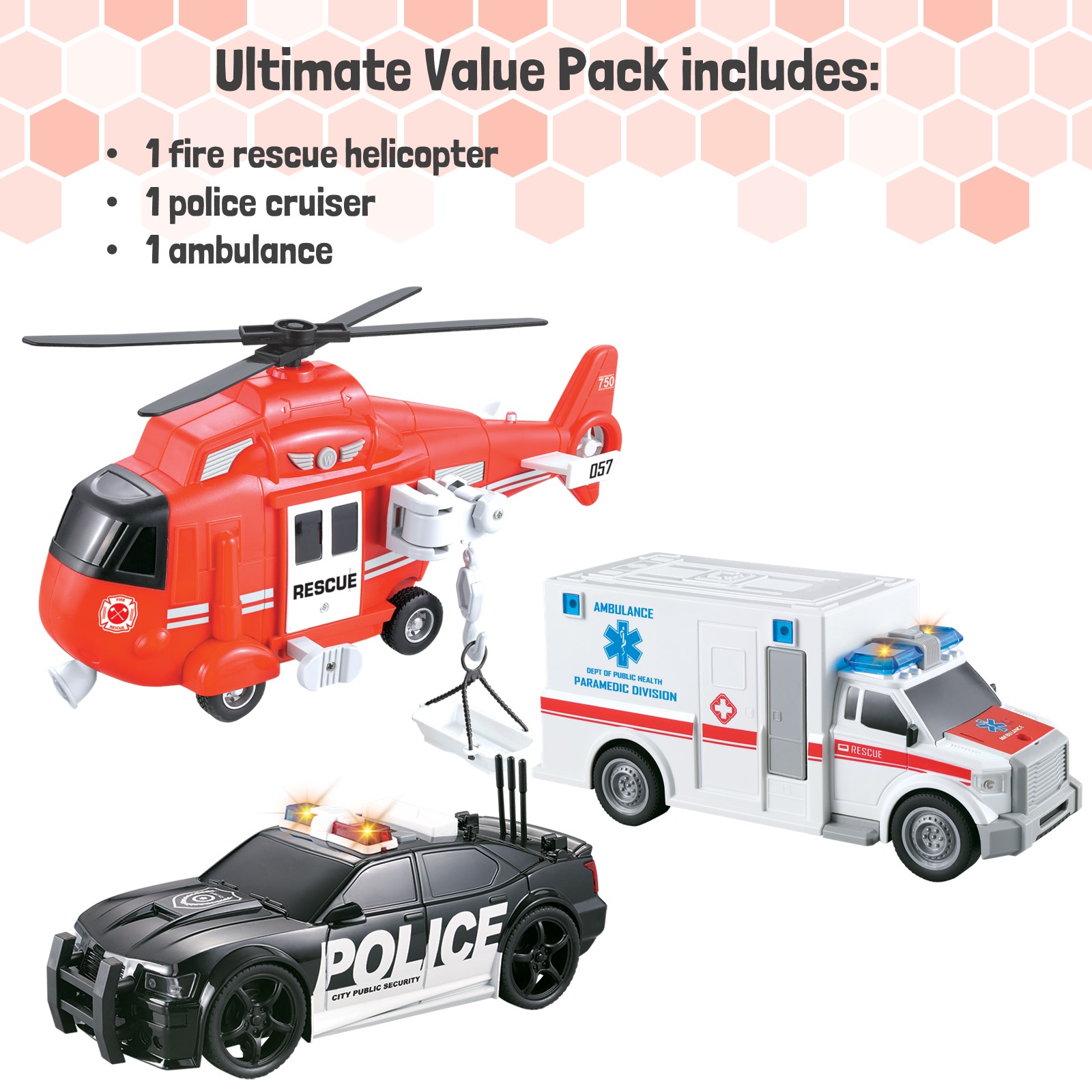 Vokodo 3 Pack Emergency Squad Vehicle Bundle Toy Playsets, Friction Power Vehicles with Light and Sound, Includes Fire Helicopter, Ambulance Truck and Police car, Pretend Play Toys Toddler Kids Boys TE-42