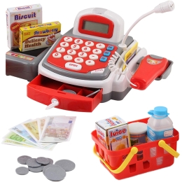 Toy Cash Register with Microphone Calculator Grocery Items Shopping Basket Scanner and Pretend Play Money Kids Supermarket Cashier Bank for Preschool Children Boys Girls Toddlers