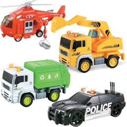Vokodo 4 Pack City Heroes Vehicle Bundle Toy Playsets, Friction Powered Includes Fire Rescue Helicopter, Sanitation Dump Truck, Excavator, Police Cruiser Car, Pretend Play Toys for Toddlers Kids Boys
