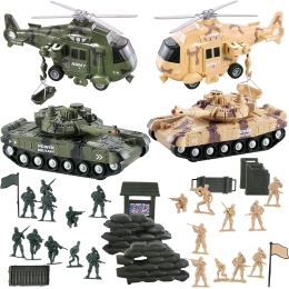 Vokodo 5 Pack Armed Forces Vehicle Bundle Toy Playsets, Friction Power Vehicles Includes Army Helicopter, Military Tank and Army Figurines Military Car, Army Truck Pretend Play Toys Toddler Kids Boys