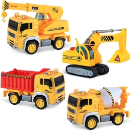 Vokodo 4 Pack Construction Squad Vehicle Bundle Toy Playsets, Friction Power Vehicles with Light and Sound, Includes Crane, Dump Truck, Excavator Car, Cement Mixer, Pretend Play Toys Toddler Kids Boys