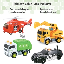 4 TOYS BUNDLE SET Police Fire Helicopter Excavator Truck and Sanitation Truck TE-41